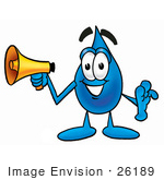 #26189 Clip Art Graphic Of A Blue Waterdrop Or Tear Character Holding A Megaphone