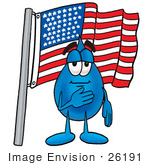 #26191 Clip Art Graphic Of A Blue Waterdrop Or Tear Character Pledging Allegiance To An American Flag