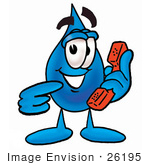 #26195 Clip Art Graphic Of A Blue Waterdrop Or Tear Character Holding A Telephone