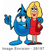 #26197 Clip Art Graphic Of A Blue Waterdrop Or Tear Character Talking To A Pretty Blond Woman