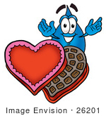 #26201 Clip Art Graphic Of A Blue Waterdrop Or Tear Character With An Open Box Of Valentines Day Chocolate Candies