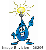 #26206 Clip Art Graphic Of A Blue Waterdrop Or Tear Character With A Bright Idea