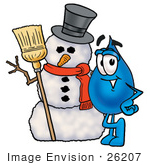 #26207 Clip Art Graphic Of A Blue Waterdrop Or Tear Character With A Snowman On Christmas