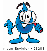 #26208 Clip Art Graphic Of A Blue Waterdrop Or Tear Character Looking Through A Magnifying Glass