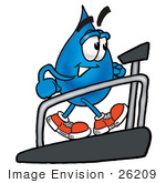 #26209 Clip Art Graphic Of A Blue Waterdrop Or Tear Character Walking On A Treadmill In A Fitness Gym