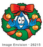 #26215 Clip Art Graphic Of A Blue Waterdrop Or Tear Character In The Center Of A Christmas Wreath
