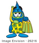 #26216 Clip Art Graphic Of A Blue Waterdrop Or Tear Character In Green And Yellow Snorkel Gear