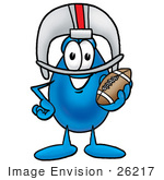 #26217 Clip Art Graphic Of A Blue Waterdrop Or Tear Character In A Helmet Holding A Football