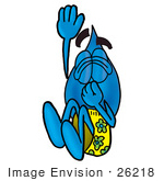 #26218 Clip Art Graphic Of A Blue Waterdrop Or Tear Character Plugging His Nose While Jumping Into Water