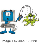 #26220 Clip Art Graphic Of A Shocked Desktop Computer Cartoon Character With An Ugly Green Octopus Hooked On His Fishing Pole