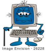 #26228 Clip Art Graphic Of An Old Desktop Computer Cartoon Character With Keys Falling Off Of The Keyboard Using A Cane