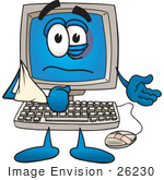 #26230 Clip Art Graphic Of A Beat Up Desktop Computer Cartoon Character With A Black Eye A Bandage On Its Mouse And Its Arm In A Sling