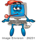 #26231 Clip Art Graphic Of A Sick Desktop Computer Cartoon Character With A Virus Sitting With A Pack On His Head And A Thermometer In His Mouth