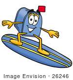 #26246 Clip Art Graphic Of A Blue Snail Mailbox Cartoon Character Surfing On A Blue And Yellow Surfboard