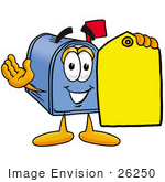 #26250 Clip Art Graphic Of A Blue Snail Mailbox Cartoon Character Holding A Yellow Sales Price Tag