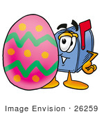 #26259 Clip Art Graphic Of A Blue Snail Mailbox Cartoon Character Standing Beside An Easter Egg