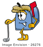 #26276 Clip Art Graphic Of A Blue Snail Mailbox Cartoon Character Leaning On A Golf Club While Golfing