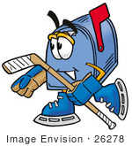 #26278 Clip Art Graphic Of A Blue Snail Mailbox Cartoon Character Playing Ice Hockey