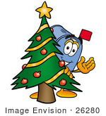 #26280 Clip Art Graphic Of A Blue Snail Mailbox Cartoon Character Waving And Standing By A Decorated Christmas Tree