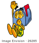 #26285 Clip Art Graphic Of A Blue Snail Mailbox Cartoon Character Plugging His Nose While Jumping Into Water