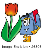 #26306 Clip Art Graphic Of A Blue Snail Mailbox Cartoon Character With A Red Tulip Flower In The Spring