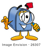 #26307 Clip Art Graphic Of A Blue Snail Mailbox Cartoon Character Looking Through A Magnifying Glass