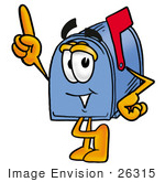 #26315 Clip Art Graphic Of A Blue Snail Mailbox Cartoon Character Pointing Upwards