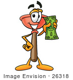 #26318 Clip Art Graphic Of A Plumbing Toilet Or Sink Plunger Cartoon Character Holding A Dollar Bill