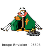 #26323 Clip Art Graphic Of A Plumbing Toilet Or Sink Plunger Cartoon Character Camping With A Tent And Fire