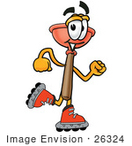 #26324 Clip Art Graphic Of A Plumbing Toilet Or Sink Plunger Cartoon Character Roller Blading On Inline Skates