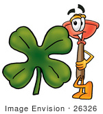 #26326 Clip Art Graphic Of A Plumbing Toilet Or Sink Plunger Cartoon Character With A Green Four Leaf Clover On St Paddy’S Or St Patricks Day