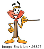 #26327 Clip Art Graphic Of A Plumbing Toilet Or Sink Plunger Cartoon Character Holding A Pointer Stick