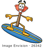 #26342 Clip Art Graphic Of A Plumbing Toilet Or Sink Plunger Cartoon Character Surfing On A Blue And Yellow Surfboard