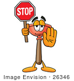 #26346 Clip Art Graphic Of A Plumbing Toilet Or Sink Plunger Cartoon Character Holding A Stop Sign