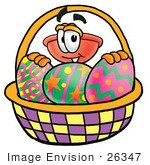 #26347 Clip Art Graphic Of A Plumbing Toilet Or Sink Plunger Cartoon Character In An Easter Basket Full Of Decorated Easter Eggs