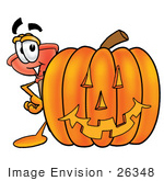 #26348 Clip Art Graphic Of A Plumbing Toilet Or Sink Plunger Cartoon Character With A Carved Halloween Pumpkin