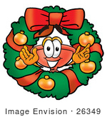 #26349 Clip Art Graphic Of A Plumbing Toilet Or Sink Plunger Cartoon Character In The Center Of A Christmas Wreath