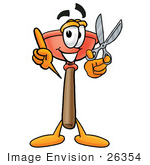 #26354 Clip Art Graphic Of A Plumbing Toilet Or Sink Plunger Cartoon Character Holding A Pair Of Scissors