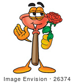 #26374 Clip Art Graphic Of A Plumbing Toilet Or Sink Plunger Cartoon Character Holding A Red Rose On Valentines Day