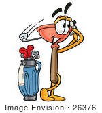 #26376 Clip Art Graphic Of A Plumbing Toilet Or Sink Plunger Cartoon Character Swinging His Golf Club While Golfing