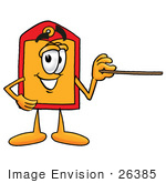 #26385 Clip Art Graphic Of A Red And Yellow Sales Price Tag Cartoon Character Holding A Pointer Stick