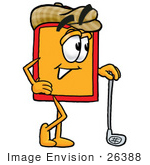 #26388 Clip Art Graphic Of A Red And Yellow Sales Price Tag Cartoon Character Leaning On A Golf Club While Golfing