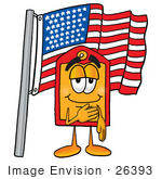 #26393 Clip Art Graphic Of A Red And Yellow Sales Price Tag Cartoon Character Pledging Allegiance To An American Flag