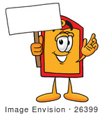 #26399 Clip Art Graphic Of A Red And Yellow Sales Price Tag Cartoon Character Holding A Blank Sign