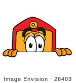 #26403 Clip Art Graphic Of A Red And Yellow Sales Price Tag Cartoon Character Peeking Over A Surface