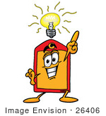 #26406 Clip Art Graphic Of A Red And Yellow Sales Price Tag Cartoon Character With A Bright Idea