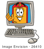 #26410 Clip Art Graphic Of A Red And Yellow Sales Price Tag Cartoon Character Waving From Inside A Computer Screen
