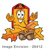 #26412 Clip Art Graphic Of A Red And Yellow Sales Price Tag Cartoon Character With Autumn Leaves And Acorns In The Fall