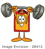 #26413 Clip Art Graphic Of A Red And Yellow Sales Price Tag Cartoon Character Holding A Heavy Barbell Above His Head