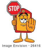 #26416 Clip Art Graphic Of A Red And Yellow Sales Price Tag Cartoon Character Holding A Stop Sign